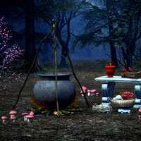 Witch Cauldron and Ingredients in the woods