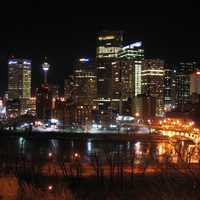 Lighted up Skyline at night in Calgary, Alberta, Canada