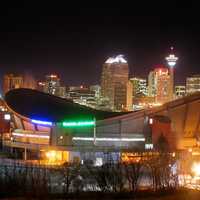 Lights with saddledome and skyline at night in Calgary, Alberta, Canada