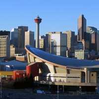 The Saddledome and the Skyline with towers in Calgary, Alberta, Canada