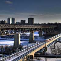 Light Rail Transit train crossing the Menzies Bridge in Edmonton