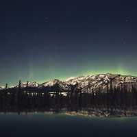 Night landscape, reflection, and Aurora in Jasper National Park, Alberta, Canada
