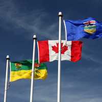 Flags of Canada, Alberta, and Saskatchewan in Lloydminster