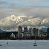 Mountains in the landscape behind the skyline of Vancouver, Canada