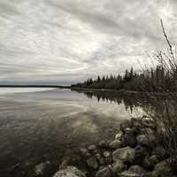 Shoreline landscape with rocks and trees on Great Slave Lake