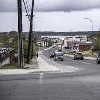 Road into Old town with traffic in Yellowknife