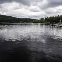 Boats and landscape on the lake in Algonquin Provincial Park, Ontario