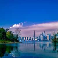 Skyline of Toronto from across the lake in Ontario, Canada