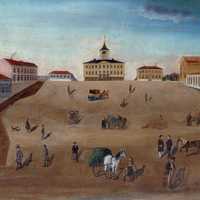 Old town hall and market square in 1852 painting in Pori, Finland
