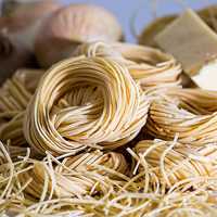 Coils of pasta and noodles