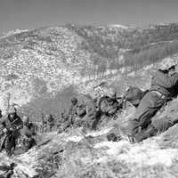 Marines taking cover at the Battle of Chosin Reservoir, Korean War