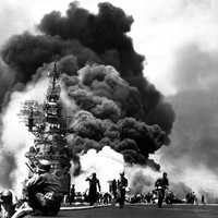 USS Bunker Hill after being hit with Kamikaze Planes at Okinawa, World War II