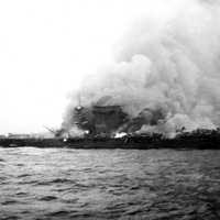 Lexington abandoned and on fire during the Battle of Coral Sea, World War II