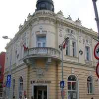 Downtown street corner and building in Zalaegerszeg, Hungary