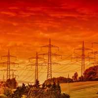 Red skies landscape with telephone lines