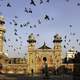 Pigeons flying over Wazir Khan Mosque in Lahore, Pakistan