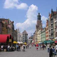 Buildings, street, and people in Wrocław