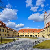 Courtyard and buildings and benches in Bratislava, Slovakia