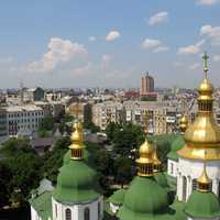 Cityscape view from Bell tower with cathedral in Kiev, Ukraine