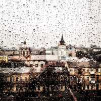 Looking at the cityscape of Odessa through a rainy window in Ukraine