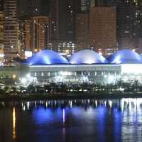 Panoramic view of the Expo Centre Sharjah by night in the United Arab Emirates