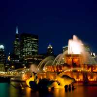 Chicago Fountain and skyline at night