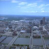 Aerial view of floodwaters in Des Moines, Iowa