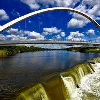 Bridge over the river and waterfall in Des Moines, Iowa