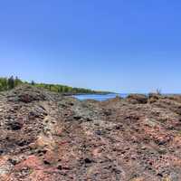 Lake Superior beyond rock outcropping in the Upper Peninsula, Michigan