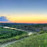 Dusk over the river valley at Theodore Roosevelt National Park, North Dakota