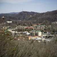 View of the Village of Gatlingburg, Tennessee in the mountains