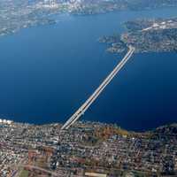 Aerial view of the Interstate 90 floating bridge in Mercer Island, Washington