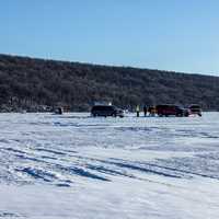 Ice fishing scene on Lake Winnebago at High Cliff State Park, Wisconsin