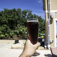 Hand holding a pint of Cherry Berry at New Glarus Brewery