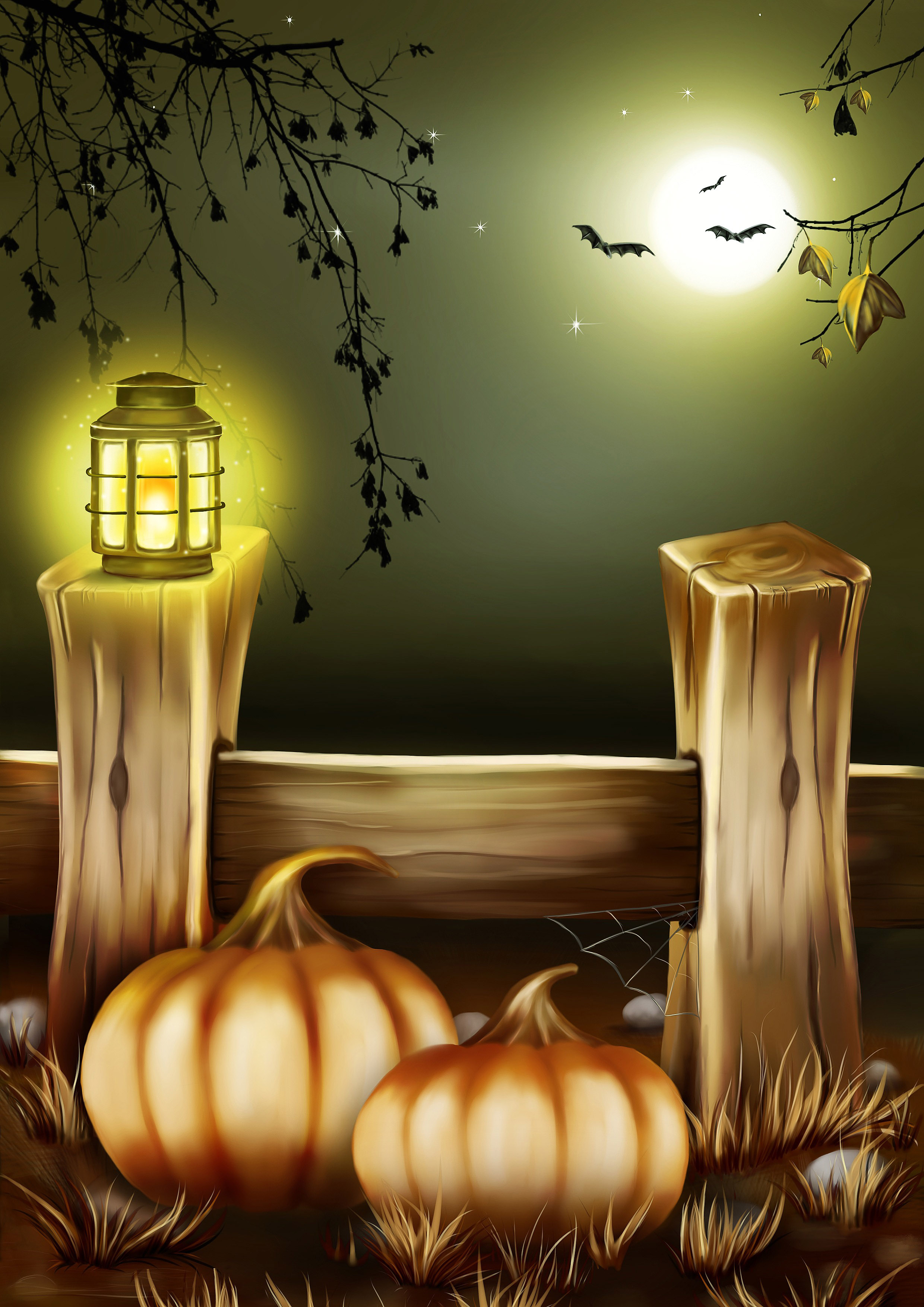 Lights, Pumpkins, and Bats under a full moon Halloween scene image - Free stock photo - Public ...