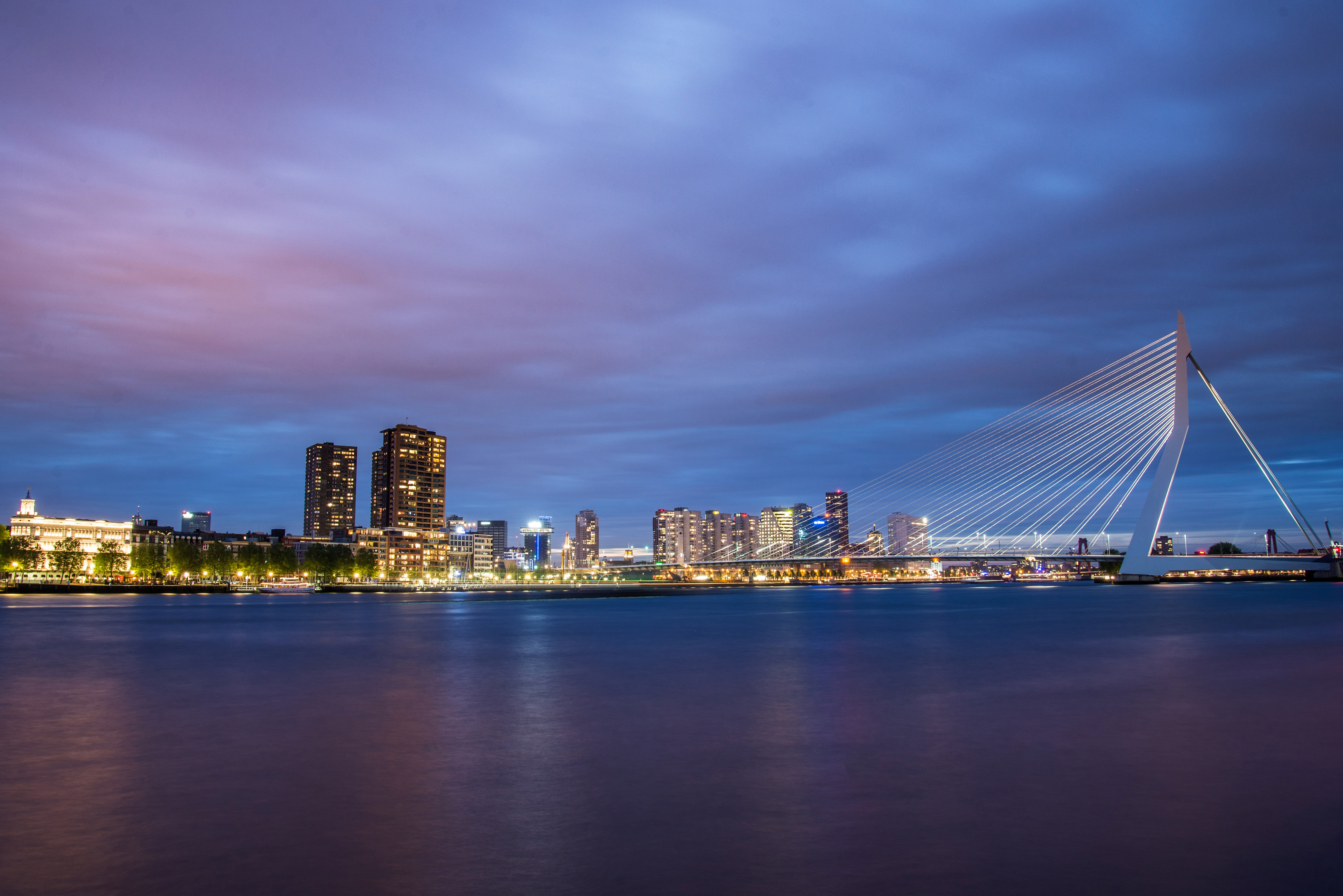 Skyline and Erasmus Bridge at night in Rotterdam, Netherlands image