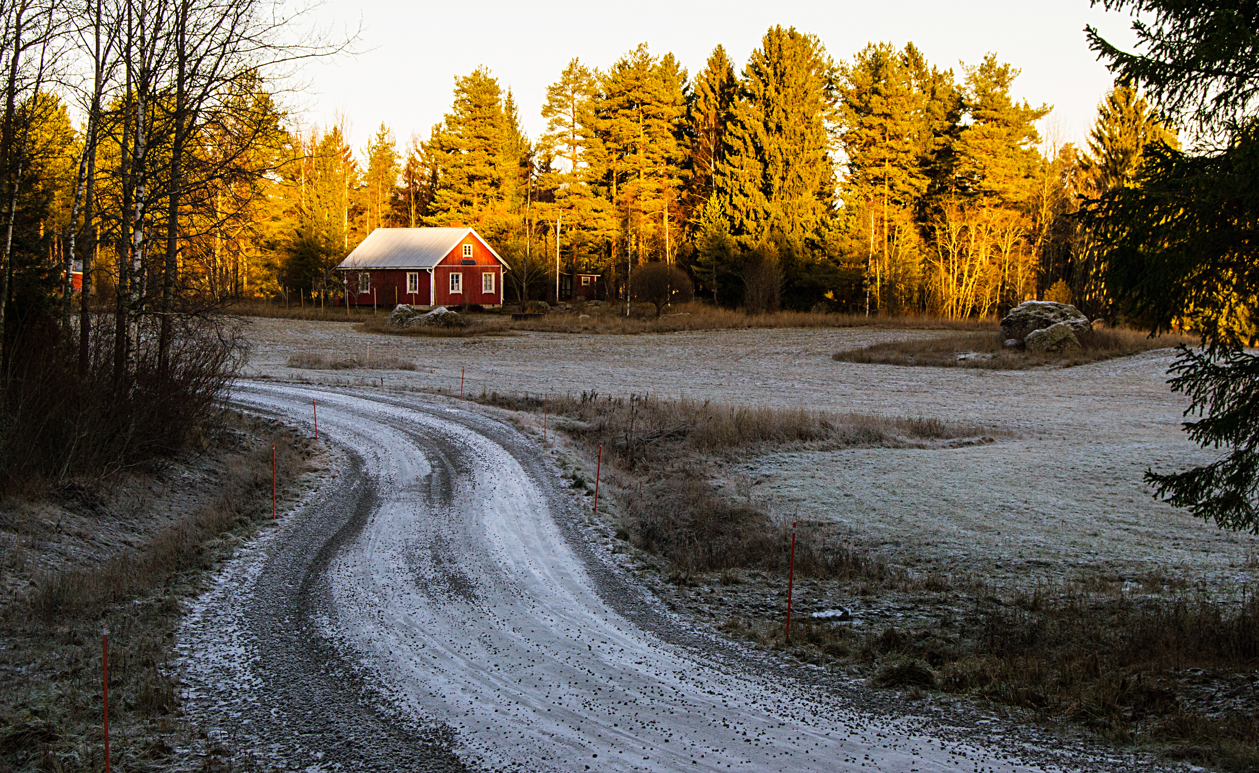 Farmhouse on snowy driveway landscape image - Free stock ...