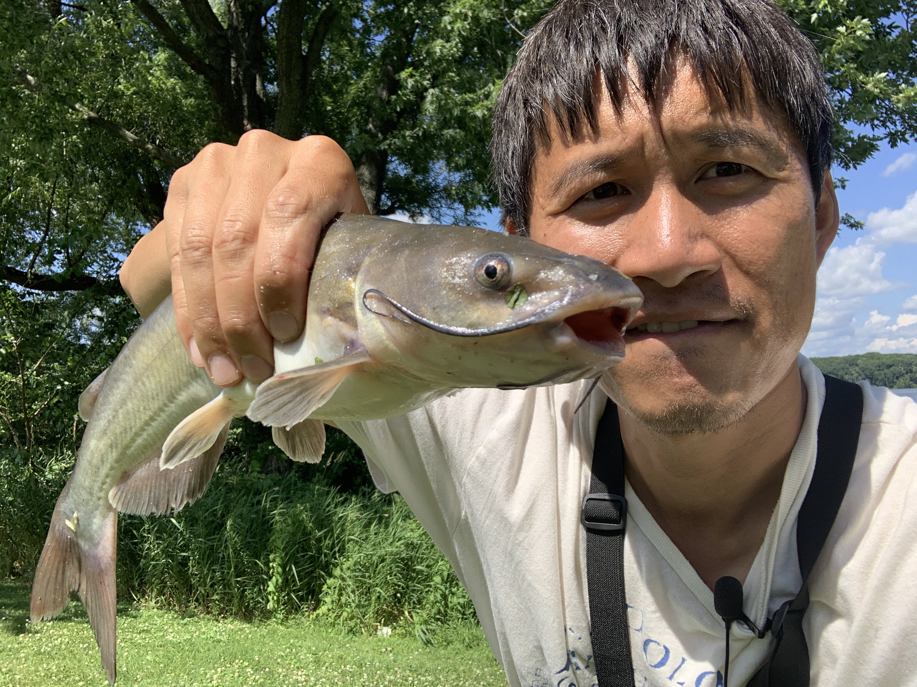 Chinese man with successful channel catfish catch image - Free