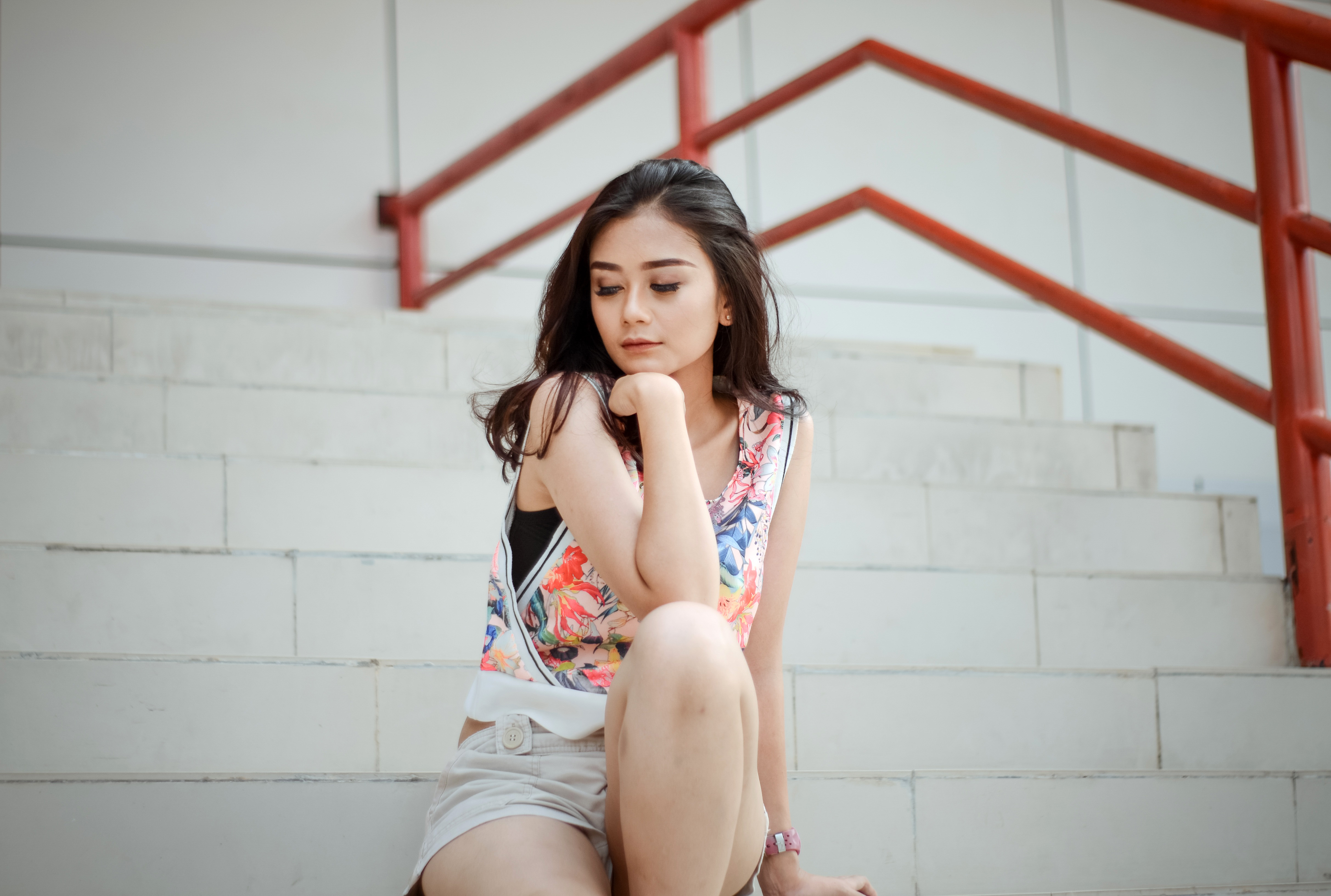 Cute Asian Girl Posing On The Steps Image Free Stock Photo