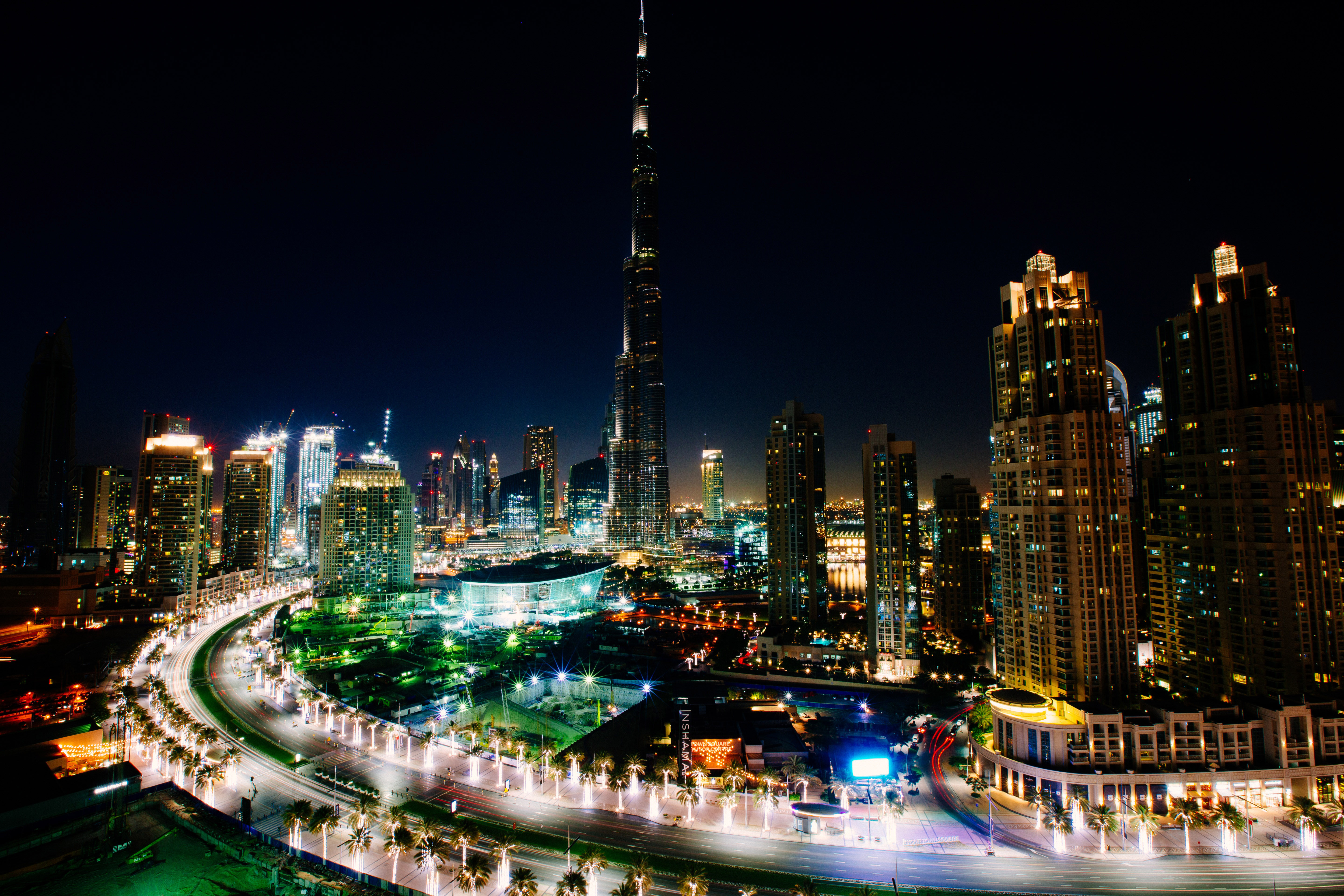 Dubai Cityscape At Night With Burj Khalifa In Center In The United Arab