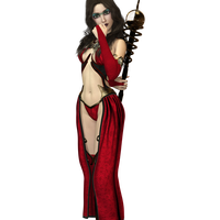 Beautiful female sorceress in bikini and red cape