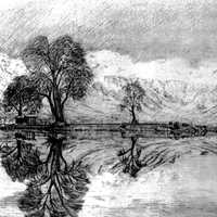 Dal Lake landscape black ink