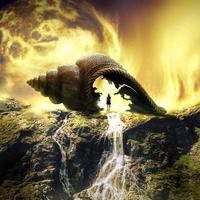 Man standing underneath a seashell with a waterfall in fantasy landscape