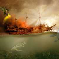 Two Dragons and Monsters attacking a boat