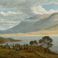 Mount Wellington and Hobart from Kangaroo Point with Aboriginals in Tasmania, Australia