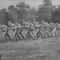 A convict ploughing team breaking up new ground at the farm at Port Arthur, Tasmania, Australia