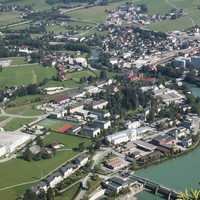 Cityscape layout with town and buildings in Hallein, Austria
