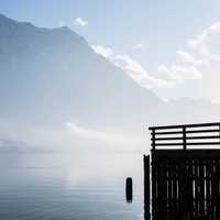 Docks with mountains in the background in Toskana Park Gmunden Gmunden Austria