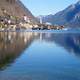 Lake and Mountain landscape with a town on the other side in Hallstatt, Austria