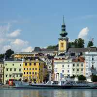 Lakeside view with buildings on shore in Gmunden, Austria